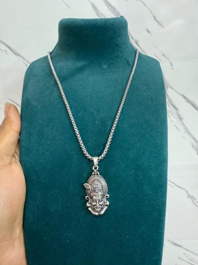 SHRI MANDIR SHOP™ Khatu Shyamji Pendant with Chain - Oxidised Silver