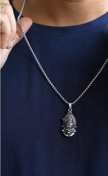 SHRI MANDIR SHOP™ Khatu Shyamji Pendant with Chain - Oxidised Silver